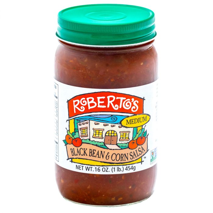 Roberto's mild Colorado black bean and corn salsa made in the high rocky mountains. This salsa is homemade, fresh, organic, and chunky. 16 ounce jar. Made with organic ingredients.