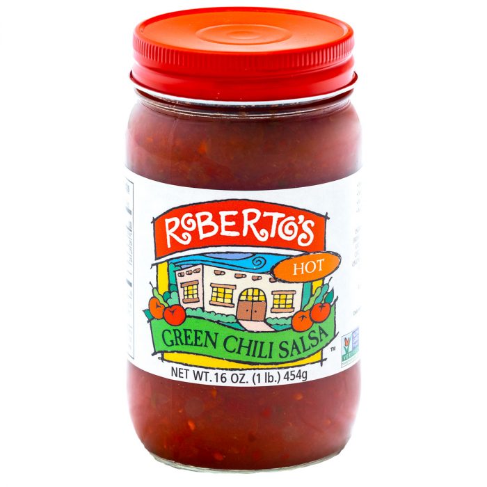 This Roberto's organic mild green chili salsa is red in color but homemade in colorado within the high rocky mountains by the Roberto's family. This salsa is hot and spicy. 16 or 8 ounce jar.
