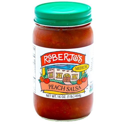 The homemade organic Roberto's peach salsa is made in the high rocky mountains with fresh peaches. It is medium spicy but fruity and sweet. The perfect balance. 8 or 16 ounce jar.