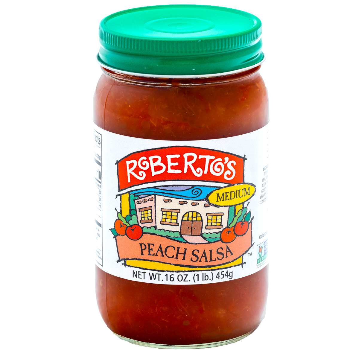 The homemade organic Roberto's peach salsa is made in the high rocky mountains with fresh peaches. It is medium spicy but fruity and sweet. The perfect balance. 8 or 16 ounce jar.