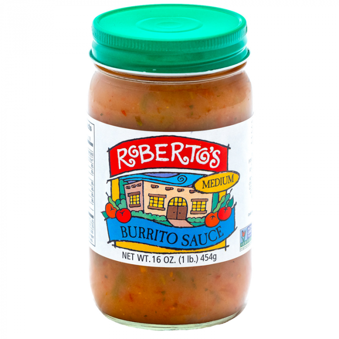 Roberto's organic Colorado homemade burrito sauce is perfect for wet burritos. This medium spicy sauce is meant to pour on Mexican food and recipes. 16 ounce jar.
