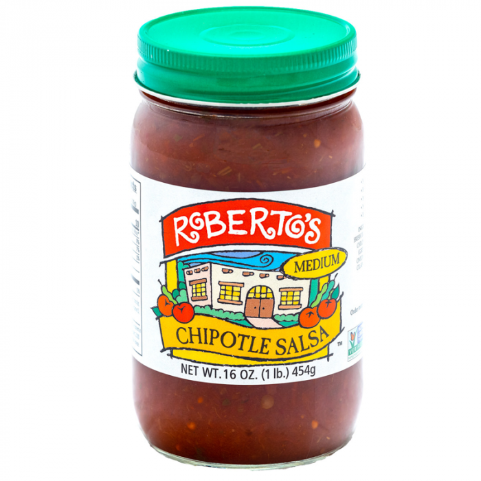 Roberto's organic homemade Colorado chipotle salsa made in the high rocky mountains. This salsa is fresh, organic, and medium spicy. 16 ounce jar.