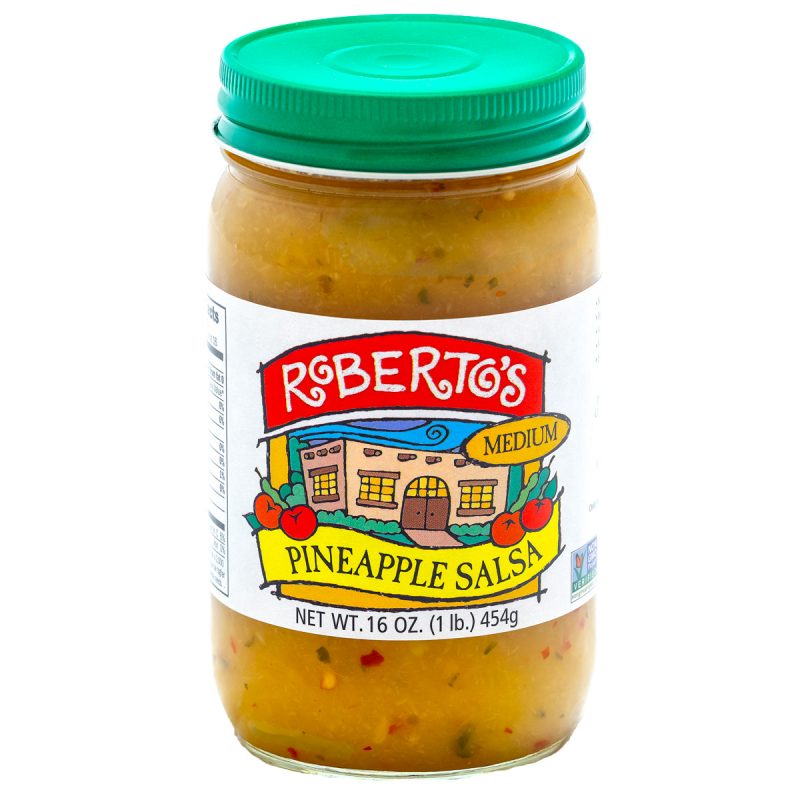 Roberto's fresh, fruity, and homemade pineapple salsa homemade in colorado by the roberto's family. It is medium spicy but not too hot. Made with organic ingredients. 8 or 16 ounce jar.