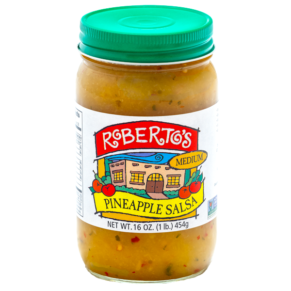 Roberto's fresh, fruity, and homemade pineapple salsa homemade in colorado by the roberto's family. It is medium spicy but not too hot. Made with organic ingredients. 16 ounce jar.
