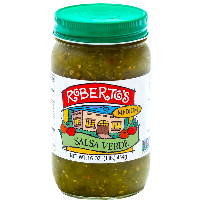 Roberto's medium salsa verde is organic and homemade in the rocky mountains of colorado. It is fresh, clean, and mouthwatering. 16 ounce jar.